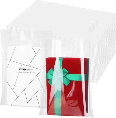 Miniatura 7 de Sinmoe Paquete de 200 bolsas de plástico con asas, mercancía de plástico a granel con mango troquelado, bolsas de regalo de LDPE para pequeñas