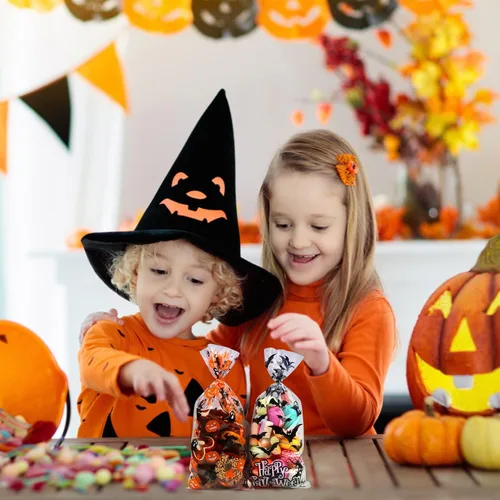 Miniatura 6 de LOKIPA Bolsas de celofán para dulces de Halloween, 150 piezas, bolsas de regalo con lazos giratorios para suministros de fiesta (3 estilos)