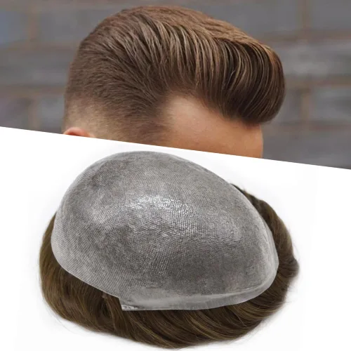 Miniatura 57 de Tupé de piel ultra fina para hombres pieza de cabello humano real sistema de reemplazo 0.002 in Mens Toupee Hairpiece para hombres V-Loop 8x10 80%