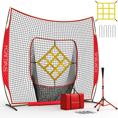Red de béisbol portátil y red de sóftbol de 7 pies x 7 pies, tee y red de béisbol y sóftbol, lanzamiento, red de bateo, red de práctica de swing,