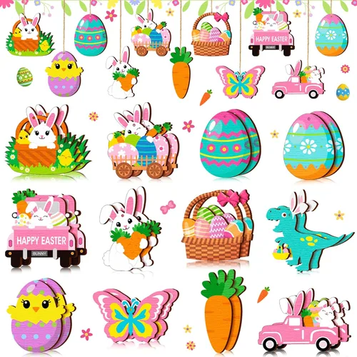Miniatura 8 de Marsui 24 adornos de Pascua para árbol, feliz Pascua, adornos colgantes de madera, huevo, conejo, primavera, árbol, gnomo, pollo, rebanadas