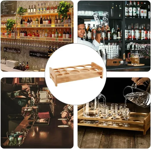 Miniatura 5 de NBEADS Soporte para 12 bandejas de vidrio de chupito, estante de madera de bambú para copas de vino de cerveza, estante organizador de copas