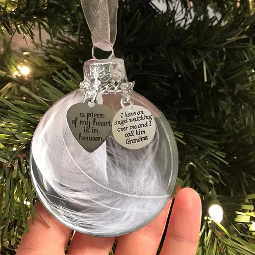 Adorno conmemorativo de Navidad transparente, bola de plumas, A Piece of My Heart is in Heaven, colgante colgante conmemorativo para árbol de