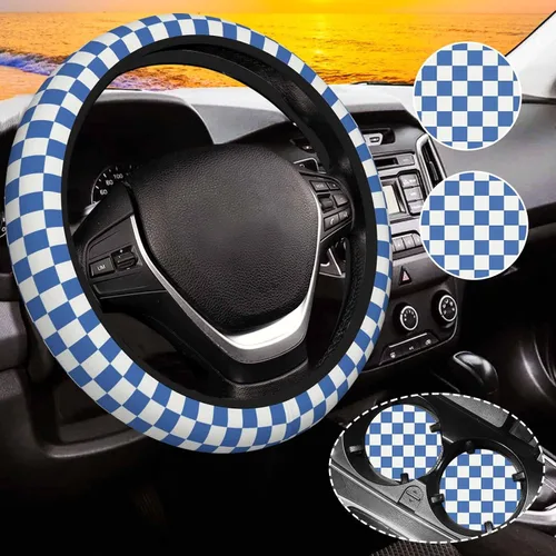 Miniatura 17 de Funda de volante a cuadros para mujeres, funda universal para volante de automóvil de 14-15 pulgadas, accesorios interiores para automóvil, con 2