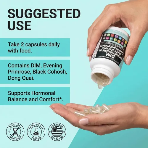 Miniatura 6 de Clean Nutraceuticals DIM Evening Primrose Black Cohosh Calcio D-Glucarato Sulforafano Extracto de semilla de lino – Vitaminas de apoyo hormonal