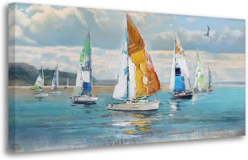 Ardemy Arte de pared de barco de velero, arte abstracto azul con textura náutica, pintura costera grande para sala de estar, dormitorio, oficina en