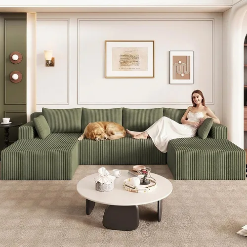 Miniatura 87 de Sofá modular de 95 pulgadas con otomana, moderno sofá nube de pana con asiento profundo, sofá sin hueso tapizado de 3 plazas en forma de U para sala