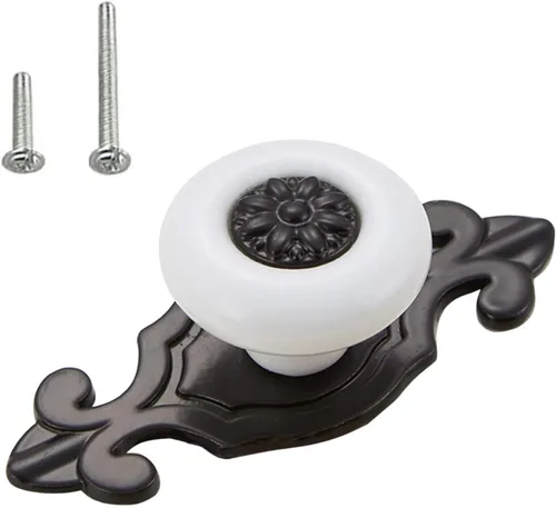 Miniatura 10 de HUAMULAN Paquete de 10 Pomos de Cerámica Retro, Tiradores Vintage para Cómoda Cocina con Pétalos para Gabinete, Base de Aleación de Zinc, Placa