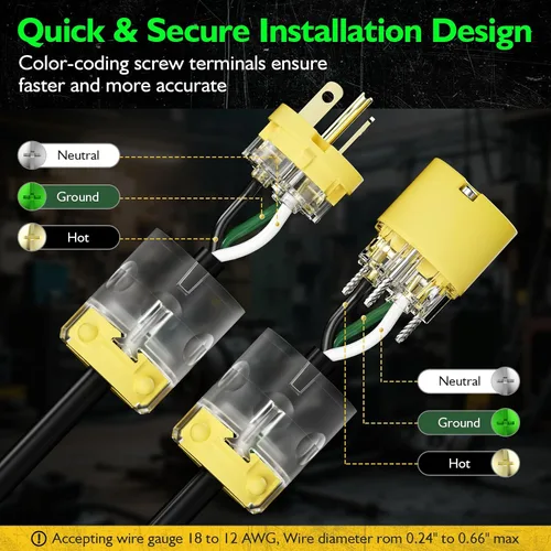 Miniatura 6 de 1 paquete de extremos de repuesto para cable de extensión de 20 amperios iluminados 120-125 voltios, NEMA 5-20R, 2 polos 3 cables, hoja recta