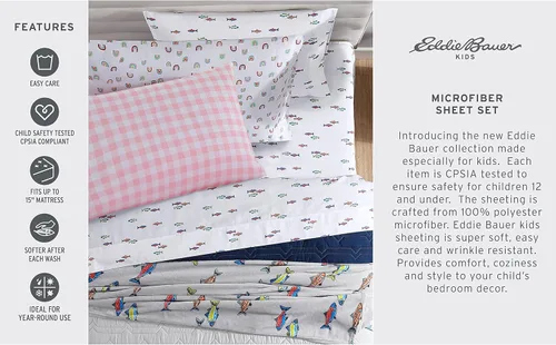 Miniatura 4 de Eddie Bauer Kids - Sábanas individuales XL para niños, ropa de cama resistente a manchas para niños pequeños con fundas a juego, súper suave