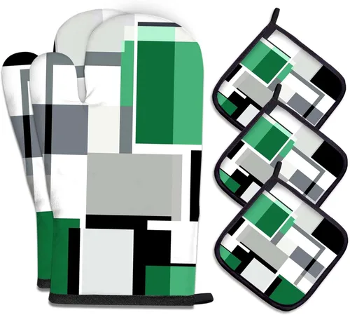 Miniatura 32 de MCALK Juego de 5 piezas de manoplas de horno geométricas grises y agarraderas, guantes de horno grises y almohadillas térmicas para cocinar