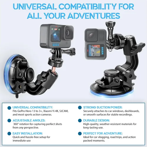 Miniatura 9 de MiPremium Soporte de ventosa de coche para GoPro Hero 13 12 11 10 9 8 7 6 5 4 3 3+ 2 sesiones negro plata XIAOYI 4K SJCAM Yi deportes acción cámara