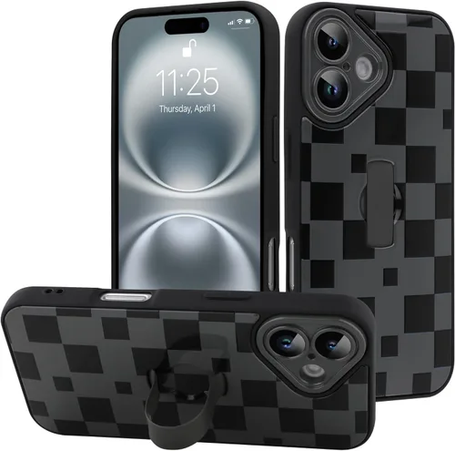 Miniatura 68 de Funda diseñada para iPhone 17 Pro Max con soporte plegable y correa para dedos, bonito patrón de lazo de corazón de flor rosa para mujeres y niñas