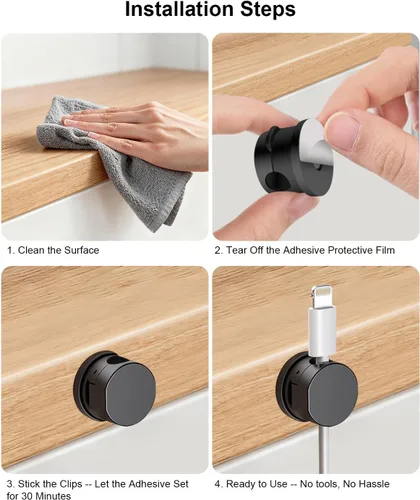 Miniatura 8 de OneLeaf Paquete de 12 clips de cable de resorte giratorios de 360° [1s bloqueo], soporte de cable adhesivo para mesita de noche, soporte de cable