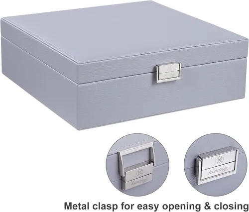 Miniatura 5 de homing Caja organizadora de aretes con 50 ranuras con 8 ganchos para collares regalos de cumpleaños y Navidad 2 bandejas clásicas de piel sintética