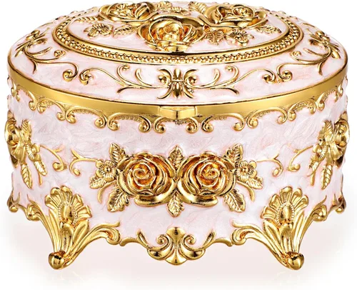 Hipiwe Joyero de metal vintage, organizador ovalado con diseño de rosas, caja de almacenamiento para anillos, aretes, collar, regalo para mujeres
