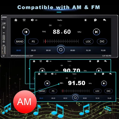 Miniatura 6 de Estéreo inalámbrico de un solo DIN para automóvil con Apple Carplay, pantalla táctil IPS Radio de coche con Bluetooth, cámara de respaldo, radio