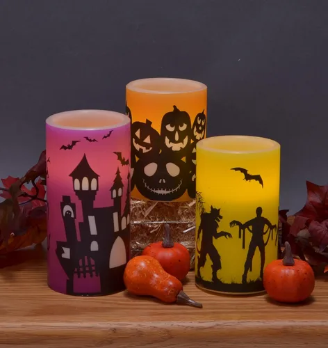 Miniatura 2 de Mark Feldstein & Associates Halloween Haunted House Silhouette - Pilares de vela LED sin llama, juego de 3 piezas, 6 pulgadas