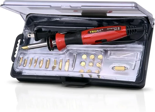 Set de bolígrafo pirograbado de cuero y madera – El mejor kit de herramientas con mechero para artesanías– Viene con 34 puntas diferentes – Modo