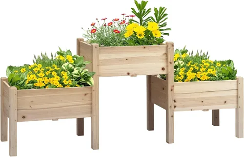 Miniatura 17 de Outsunny Cama de Jardín Elevada con 3 Jardineras, Soporte de Plantas de Madera con Orificios de Drenaje, para Verduras, Hierbas y Flores, Gris