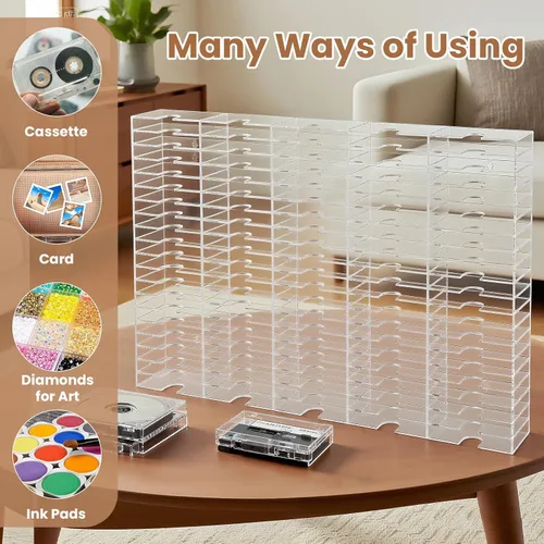 Miniatura 5 de DoubleFill 100 ranuras de acrílico transparente para almacenamiento de cinta de casete fácil clasificación y organización de cintas de casete