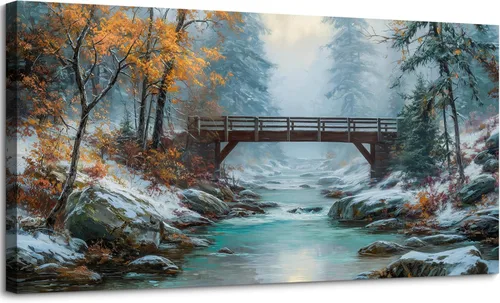 Miniatura 9 de SLYCAY Lienzo grande con árbol de la vida dorado para pared, pintura de paisaje, naturaleza, nieve, montaña, lago, paisaje, decoración de pared