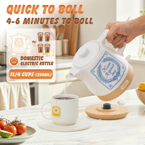 Miniatura 6 de Tetera de cerámica eléctrica blanca de 1.0 litros, caldera de agua caliente de 1000 vatios, tetera de hervido rápido para café y té, apagado