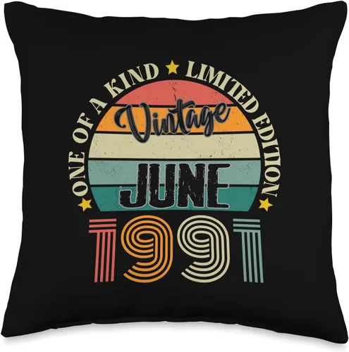 Vintage Birthday Retro Limited Edition Retro Gifts 33 Year Old Vintage June 1991 33rd Birthday Retro Throw Pillow, 16x16, Multicolor