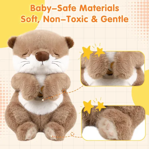 Miniatura 12 de LUKETURE Peluche de nutria respiratoria con movimiento rítmico, luz nocturna suave y ruido blanco, compañero de peluche calmante para relajación