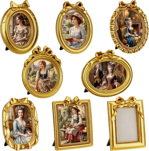 Qunclay Juego de 8 marcos de fotos vintage dorados pequeños, tamaño cartera, tamaño barroco, resina antigua, decoración de fotos para el día de San