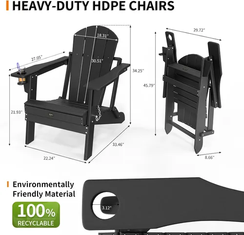 Miniatura 3 de VINGLI Sillas Adirondack de plástico, plegables con soporte para tazas, material de polietileno de alta densidad impermeable, cómoda capacidad