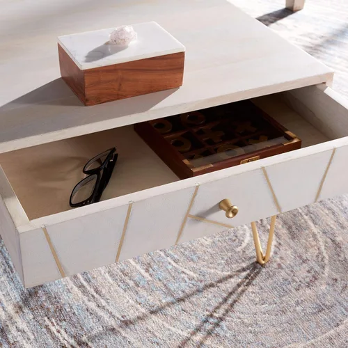 Miniatura 7 de Safavieh Home Collection Mesa de centro con patas de horquilla de latón y lavado blanco de mediados de siglo de caléndula Blanco lavado y latón
