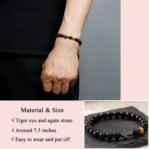 Miniatura 2 de Pulsera de cruz para hombres, para papá, hijo, nieto, marido, padrino, tío sobrino, hermano, regalo inspirador de ojo de tigre, pulsera curativa