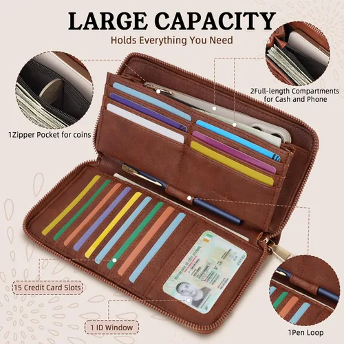 Miniatura 3 de APHISON Billetera para mujer, gran capacidad, monedero, tarjetero, RFID, pulsera, teléfono, cremallera, moneda, bolsillo de viaje