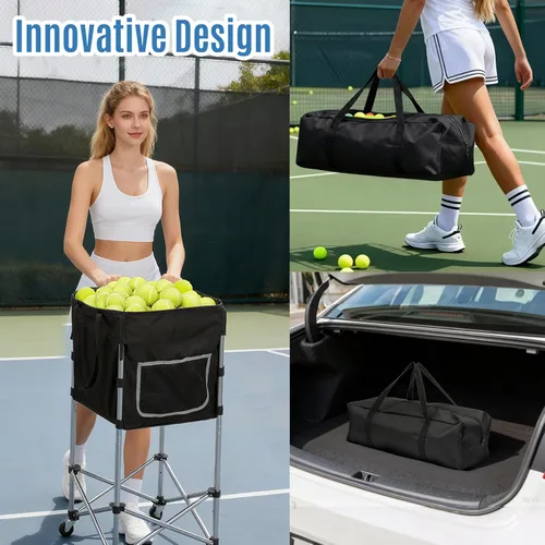 Miniatura 3 de Carrito de pelota de tenis con ruedas y freno (capacidad 180) - Marco de acero inoxidable resistente con bolsa lavable desmontable - Tolva de viaje