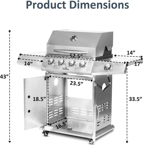 Miniatura 4 de Polar Aurora Parrilla de gas propano 4 quemadores con quemador lateral, carrito de parrilla de acero inoxidable con ruedas para patio al aire libre