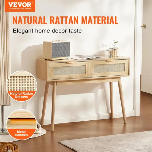 Miniatura 4 de VEVOR Mesa consola de ratán con 2 cajones de almacenamiento, mesa de entrada de ratán con puerta corredera de ratán natural, mesa de sofá para sala