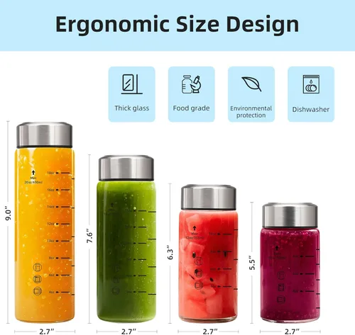 Miniatura 7 de Botellas de vidrio para jugo de 16 onzas, paquete de 2 botellas de agua de boca ancha con tapas para jugo, botellas de jugo reutilizables