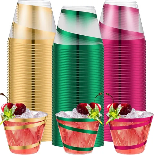 Miniatura 20 de Gejoy Tazas de plástico con borde en espiral de 9 onzas desechables, tazas de vino de plástico elegantes y transparentes, elegantes jarras de Oro
