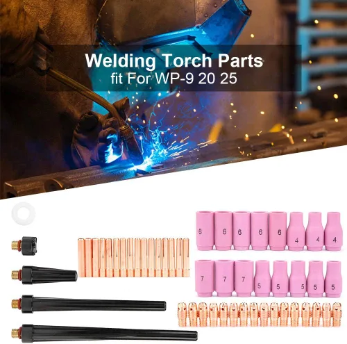 Miniatura 4 de Piezas de la antorcha de soldadura, 53 unids tig soldadura antorcha cuerpo partes gas lente boquilla boquilla kit taza para WP-9 20 25