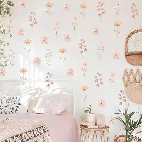 48 PCS Calcomanías de Flores Bohemias Calcomanías de Pared de Margaritas para Habitaciones de Niñas, Salas de Juegos y Guarderías Impresión de Doble