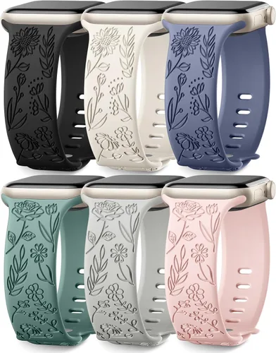 Miniatura 11 de SNBLK Paquete de 6 correas florales grabadas compatibles con Apple Watch de 40mm 41mm 42mm 38mm 44mm 45mm 46mm 49mm, mujeres y hombres, correa