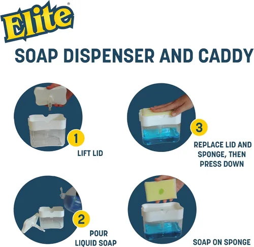 Miniatura 4 de Elite Buddy - Dispensador de jabón para platos y soporte de esponja para encimera de fregadero de cocina, incluye esponja limpiadora antiarañazos