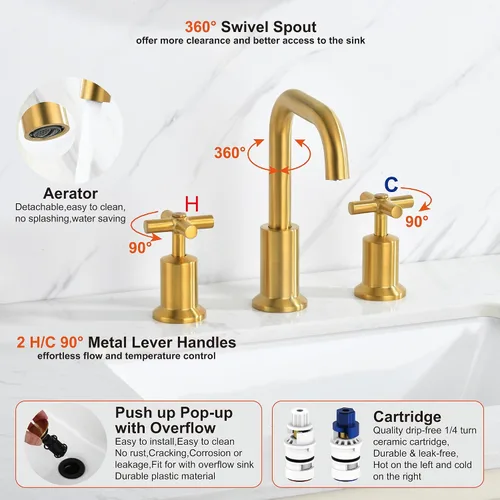 Miniatura 4 de Grifo de baño generalizado de dos manijas, grifos de baño para fregadero de 3 agujeros con drenaje emergente push up, 2 manijas, grifo de fregadero