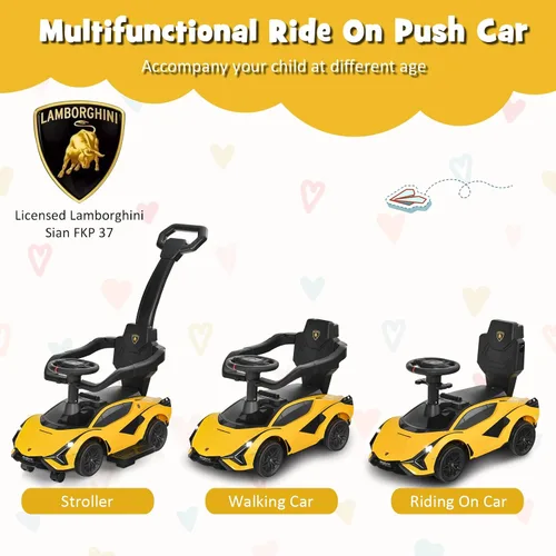Miniatura 2 de INFANS 3 en 1 Coche carriola para empujar con licencia Lamborghini, coche a pie deslizante con control de los padres, música, faro, almacenamiento