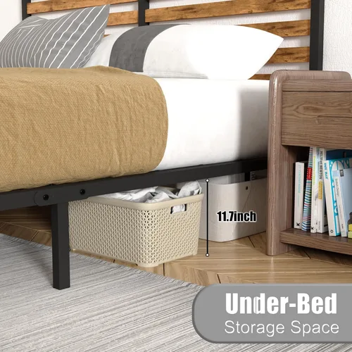 Miniatura 4 de Marco de cama individual combinado de madera y metal con cabecero, plataforma estable con soporte de listones de acero, cama doble, no necesita