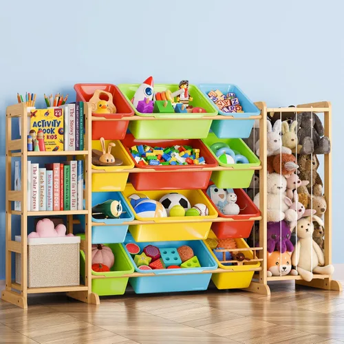 Miniatura 11 de Organizador de almacenamiento de juguetes con estantería y almacenamiento de animales de peluche, organización de sala de juegos para niños