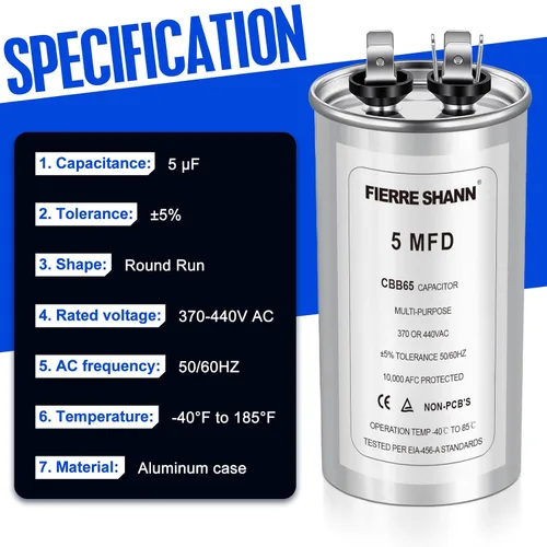Miniatura 9 de Condensador de 5 uF/MFD para CA, 370 o 440 VCA CBB65 Condensadores redondos de funcionamiento dual para motor de CA, arranque de ventilador