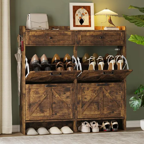 Miniatura 14 de BORNOON Gabinete de Almacenamiento de Zapatos para Entrada, Gabinete Estrecho de Zapatos Estilo Granja con 2 Cajones Abatibles y Cajones Superiores