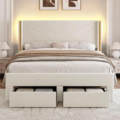 Miniatura 6 de Marco de cama tamaño completo con cajones de almacenamiento y cabecera con respaldo de ala, marcos de cama tamaño completo tapizados de terciopelo